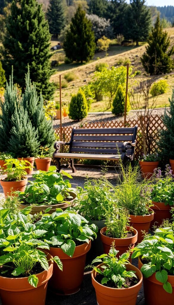 A well-lit, lush container garden in a serene outdoor setting. In the foreground, a variety of vibrant, thriving vegetables and herbs in carefully selected terracotta pots, strategically arranged to maximize space and light exposure. The middle ground features a wooden garden bench, weathered but sturdy, inviting a moment of contemplation. In the background, a gently sloping hill with a mix of evergreen and deciduous trees, their foliage changing with the seasons, creating a dynamic and visually appealing backdrop. The lighting is soft and natural, casting warm, diffused shadows that accentuate the textures and colors of the plants and containers. An atmosphere of tranquility and harmonious coexistence between nature and human-curated elements.