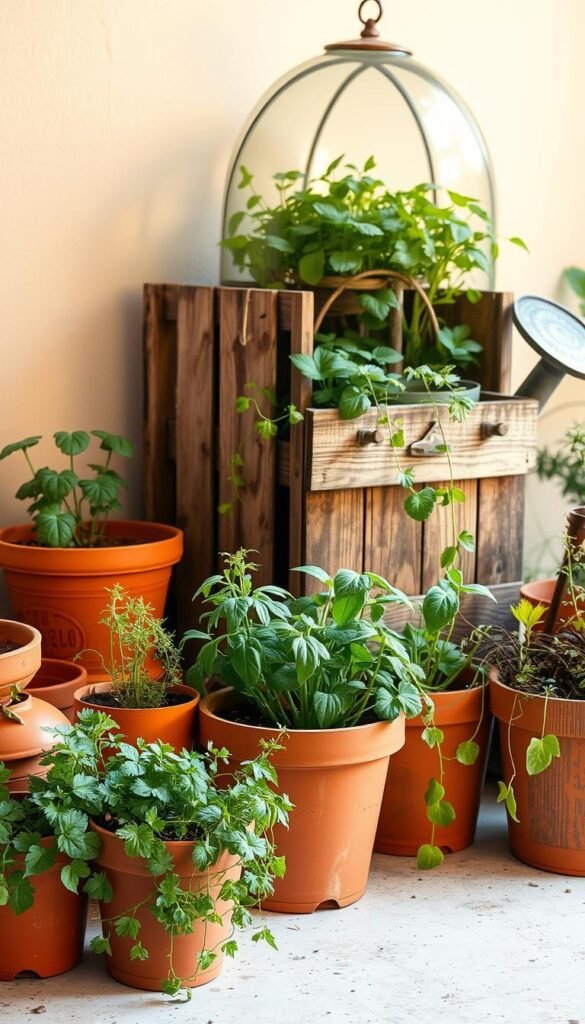 A well-lit, meticulously composed image showcasing an array of repurposed garden containers. In the foreground, a cluster of terracotta pots, once used for succulents, now housing verdant herbs and trailing vines. In the middle ground, a weathered wooden crate transformed into a planter, overflowing with lush foliage. In the background, a vintage watering can doubles as a miniature greenhouse, its glass dome casting a soft, diffused light. The scene is bathed in warm, golden hues, evoking a sense of tranquility and rustic charm. The containers are thoughtfully arranged, creating a harmonious and visually appealing vertical garden display.