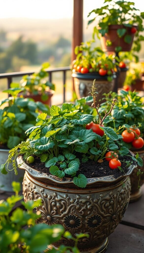 A well-lit, mid-shot view of a lush, verdant container garden bursting with thriving vegetables. The foreground features an ornate, ceramic planter brimming with moist, nutrient-rich soil and a variety of leafy greens, tomatoes, and herbs. The middle ground showcases a tiered arrangement of containers, each meticulously designed to optimize moisture retention through the use of water-absorbing substrates and innovative watering systems. The background depicts a harmonious outdoor setting, with a serene natural landscape and warm, diffused lighting that enhances the vibrant colors and textures of the thriving plants. The overall scene conveys a sense of abundant growth, sustainability, and the rewarding results of thoughtful moisture management in container gardening.