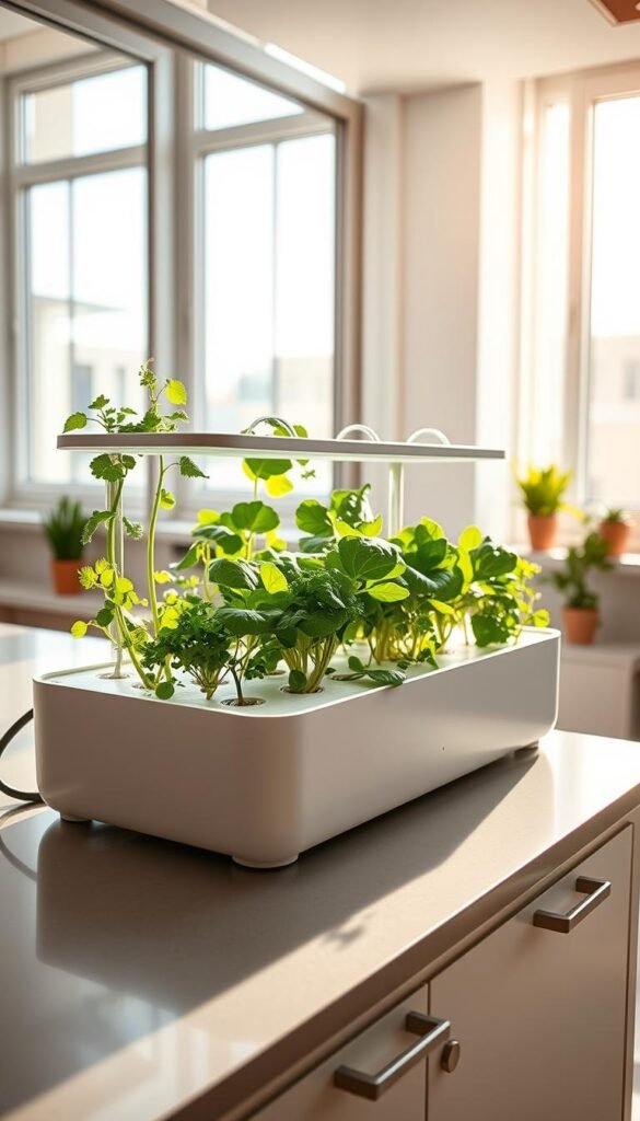 A well-lit, modern apartment kitchen with a hydroponic growing system prominently featured on the countertop. The system is comprised of sleek, minimalist hydroponics modules, with various leafy greens and herbs thriving in the nutrient-rich water. Bright, natural light cascades in through large windows, illuminating the scene and casting a warm glow on the greens. The overall atmosphere is one of clean, sustainable urban gardening, highlighting the key benefits of hydroponic gardening for small apartment dwellers - efficient use of space, no soil required, and year-round fresh produce.