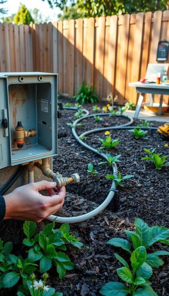 A well-lit outdoor scene showcasing routine maintenance of a DIY garden irrigation system. In the foreground, a person's hands inspecting the interior of an exposed irrigation valve box, surrounded by damp soil and lush greenery. In the middle ground, the irrigation tubing and emitters winding through neatly mulched garden beds, with a variety of healthy plants and flowers. The background features a sun-dappled wooden fence, with tools and supplies organized on a nearby workbench. The overall atmosphere conveys a sense of diligent care and attention to ensuring the efficient operation of the custom-built irrigation setup.