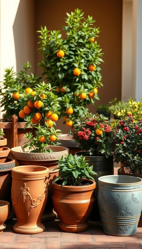 A well-lit patio display showcasing an array of container materials for a small fruit garden. In the foreground, an assortment of terracotta, ceramic, wooden, and metal planters in various shapes and sizes. The middle ground features lush, vibrant citrus trees and berry bushes thriving in their respective containers. A subtle, warm-toned backdrop of a brick or stone patio surface, with soft shadows and natural lighting creating a harmonious, inviting atmosphere. The image should convey the durability, aesthetic appeal, and suitability of these container options for a patio-friendly citrus and berry garden.