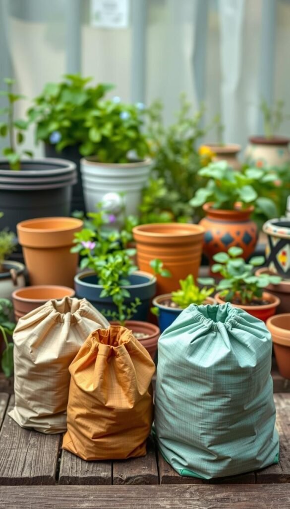 A well-lit, practical scene showcasing a variety of cost-effective gardening containers. In the foreground, a selection of sturdy, reusable grow bags in various earthy tones stand on a rustic wooden surface. Behind them, a mix of repurposed plastic containers and decorative ceramic pots are artfully arranged, highlighting their durability and versatility. The middle ground features a lush, thriving vegetable garden, suggesting the containers' ability to support healthy plant growth. The background is softly blurred, drawing the viewer's attention to the central display of practical, budget-friendly gardening solutions.