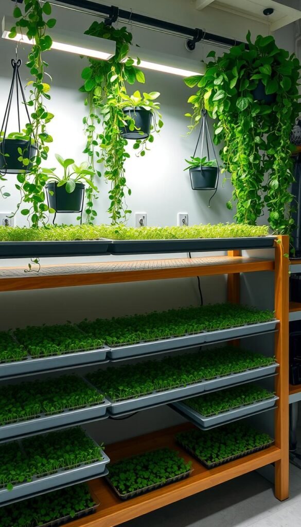 A well-lit, spacious indoor microgreens station, featuring an array of sleek, minimalist planting trays arranged on a sturdy wooden shelving unit. The background is adorned with lush, verdant greenery cascading from hanging planters, creating a serene, nature-inspired atmosphere. Soft, directional lighting from above casts a warm, inviting glow, highlighting the vibrant colors and delicate textures of the thriving microgreens. The station's design emphasizes efficiency and practicality, with carefully curated tools and accessories within easy reach. This harmonious setup reflects the joys of cultivating fresh, nutrient-dense produce within the comforts of one's own home, even in the midst of a snowy climate.