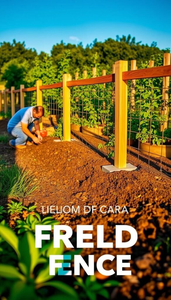 A well-lit, step-by-step guide to installing a sturdy, wooden fence for a backyard fruit garden. In the foreground, a person meticulously digs post holes, tamping the soil firmly. In the middle ground, they secure posts with concrete, ensuring a stable foundation. In the background, lush greenery and a clear blue sky set the scene for this practical, natural barrier against critters. The composition is shot from a slightly elevated angle, conveying a sense of detail and craftsmanship. Warm, golden lighting bathes the scene, evoking a peaceful, instructive atmosphere for this essential backyard gardening task.