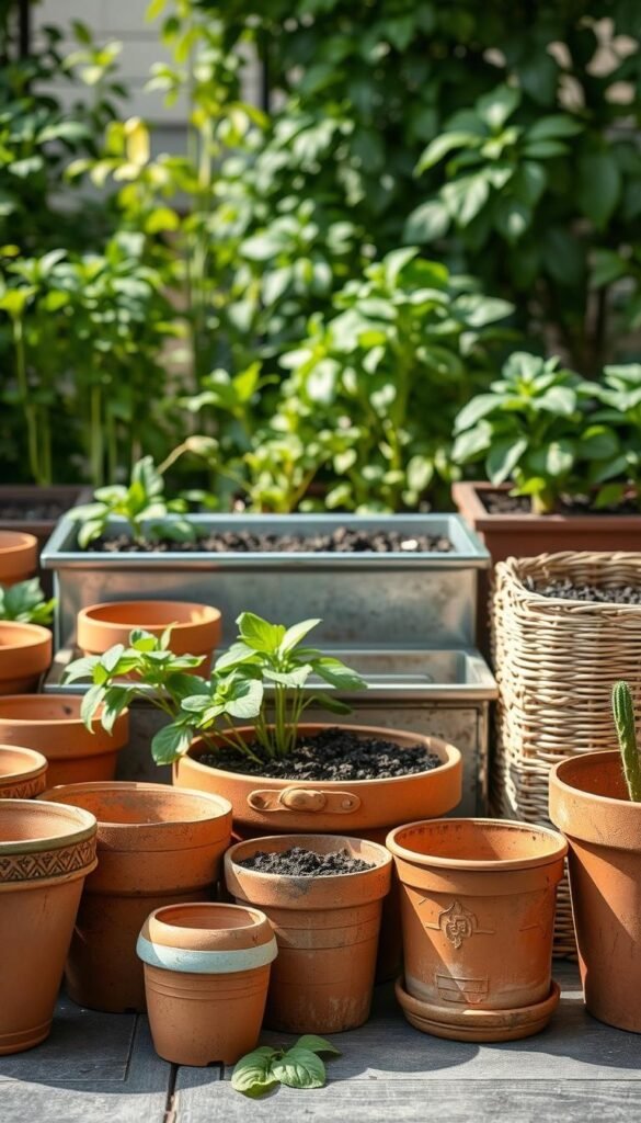 A well-lit, still life arrangement of various container materials for a vegetable garden. In the foreground, an assortment of terracotta pots, ceramic planters, and wooden boxes in earthy tones. In the middle ground, a metal trough and a wicker basket filled with potting soil. In the background, a backdrop of lush greenery, hinting at the plants that will thrive within these containers. The lighting is soft and natural, casting gentle shadows and highlighting the textures of the materials. The composition is balanced and harmonious, inviting the viewer to envision the perfect container setup for their own urban oasis.