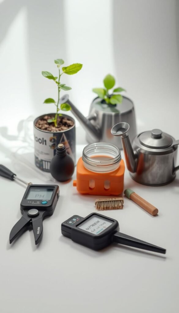 A well-lit still life scene featuring an assortment of hydroponic system maintenance tools arranged on a clean, minimalist surface. In the foreground, a pair of pruning shears, a pH meter, and a nutrient solution testing kit. In the middle ground, a small watering can, a magnifying glass, and a small brush for cleaning. In the background, a small plant with healthy green leaves, adding a touch of nature to the scene. The lighting is soft and directional, creating gentle shadows that add depth and dimension to the composition. The overall mood is one of orderliness, attention to detail, and a commitment to responsible hydroponic gardening.