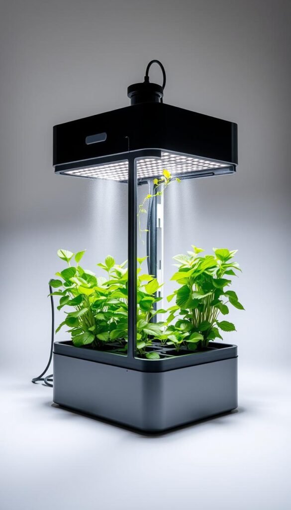 A well-lit studio shot of the key components of an aeroponic system, including a sleek and modern modular grow box with integrated water reservoir, high-efficiency LED grow lights, a compact aeroponic mister assembly, and an array of healthy, vibrant plants with lush foliage suspended in a mist-filled chamber. The components are arranged in a visually appealing, symmetrical layout against a clean, neutral background, showcasing the sophisticated yet simple design of a beginner-friendly aeroponic setup.