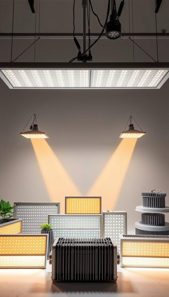 A well-lit studio showcasing a variety of LED grow light fixtures, arranged in a visually striking display. Foreground features diverse types of LED lights - panel, bar, and high-intensity units, showcasing their unique shapes, sizes, and cooling mechanisms. Middle ground highlights the directional nature of the lighting, with beams of warm, full-spectrum illumination casting dramatic shadows. The background depicts a clean, minimalist setting, allowing the fixtures to be the focal point, emphasizing their technical design and suitability for indoor hydroponic gardening. The overall scene conveys a sense of authority and expertise in LED grow light technology.