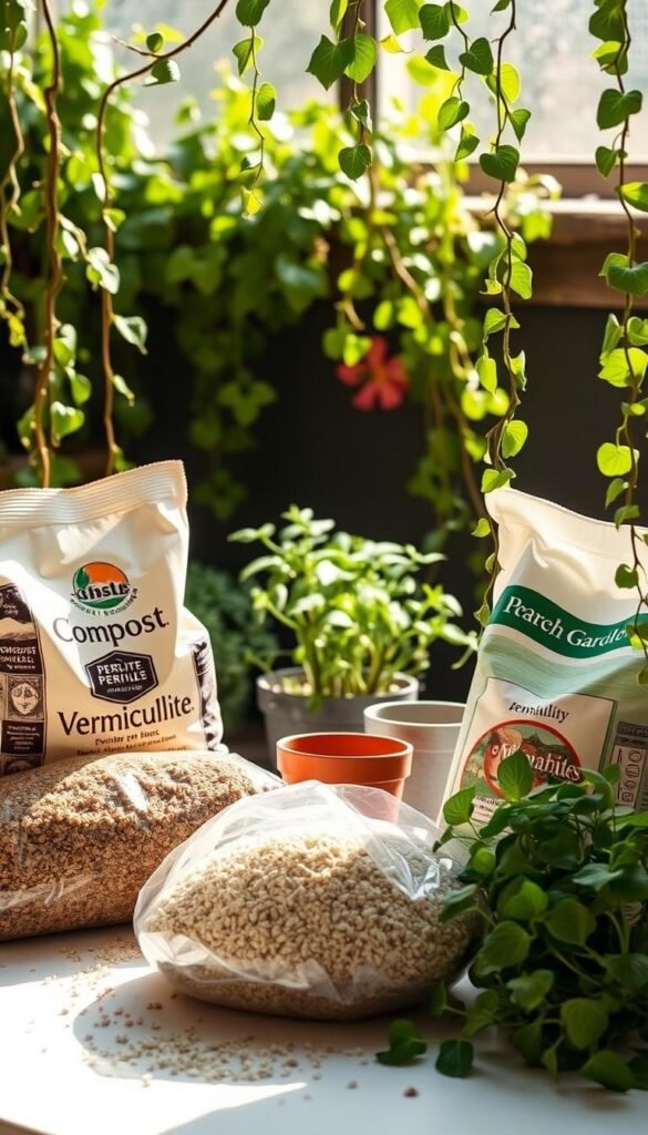 A well-lit tabletop scene showcasing the essential ingredients for container gardening. In the foreground, a selection of high-quality potting mixes, their textures and colors on display. Bags of compost, perlite, and vermiculite stand ready to be blended. In the middle ground, a trio of small plant pots await their nutrient-rich growing medium. Trailing vines and lush greenery frame the scene, hinting at the vibrant life these materials will soon nurture. Soft, natural lighting casts a warm glow, suggesting an inviting, approachable atmosphere for the aspiring patio gardener. A sense of abundance and potential pervades the frame, capturing the promise of a bountiful container garden.