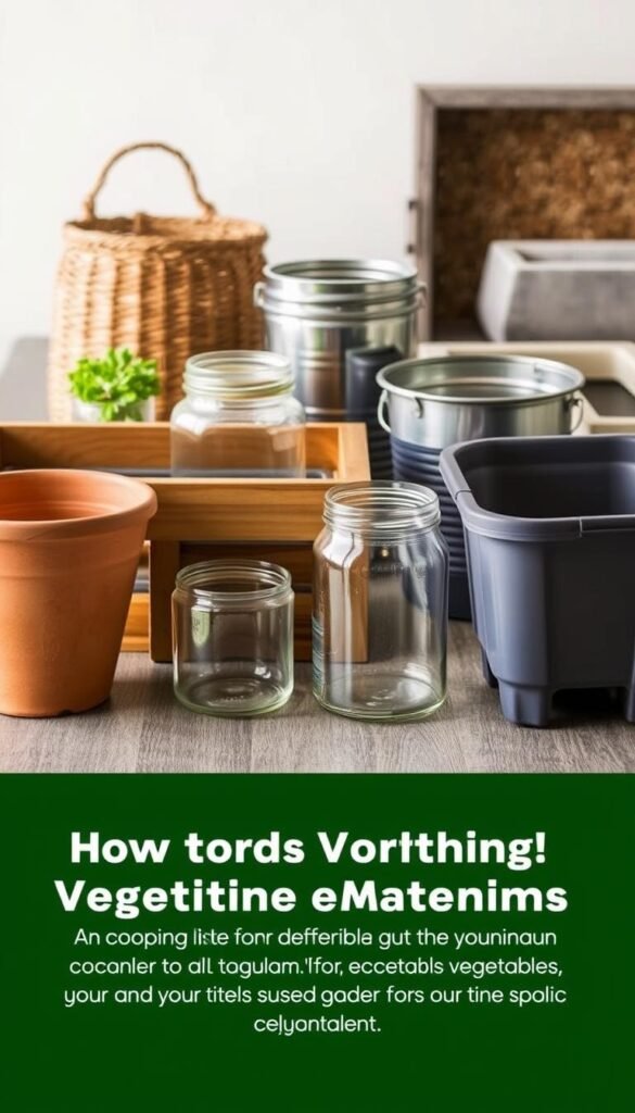 A well-lit tabletop showcases an arrangement of different container materials for vegetable gardening. In the foreground, a terra cotta pot, a wooden planter box, and a plastic storage bin are displayed side by side, allowing for a direct visual comparison. The middle ground features a glass jar and a metal bucket, highlighting a range of textures and finishes. In the background, a woven basket and a concrete trough add further diversity to the selection. The lighting is soft and even, accentuating the unique characteristics of each container material. The overall scene conveys a sense of careful consideration, guiding the viewer to thoughtfully evaluate the most suitable option for their specific vegetable varieties.
