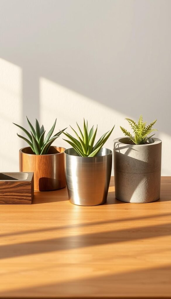 A well-lit tabletop showcasing an array of planter materials - a smooth, stained wood planter, a sleek brushed metal container, and a sturdy concrete planter. The lighting casts warm shadows, highlighting the natural textures and tones of each material. The composition is balanced, with the planters arranged in a visually pleasing layout that invites the viewer to explore the tactile and visual qualities of these versatile building blocks for low-maintenance urban gardens. The scene conveys a sense of simplicity, durability, and understated elegance - the perfect inspiration for city dwellers seeking low-effort, high-impact planter options.