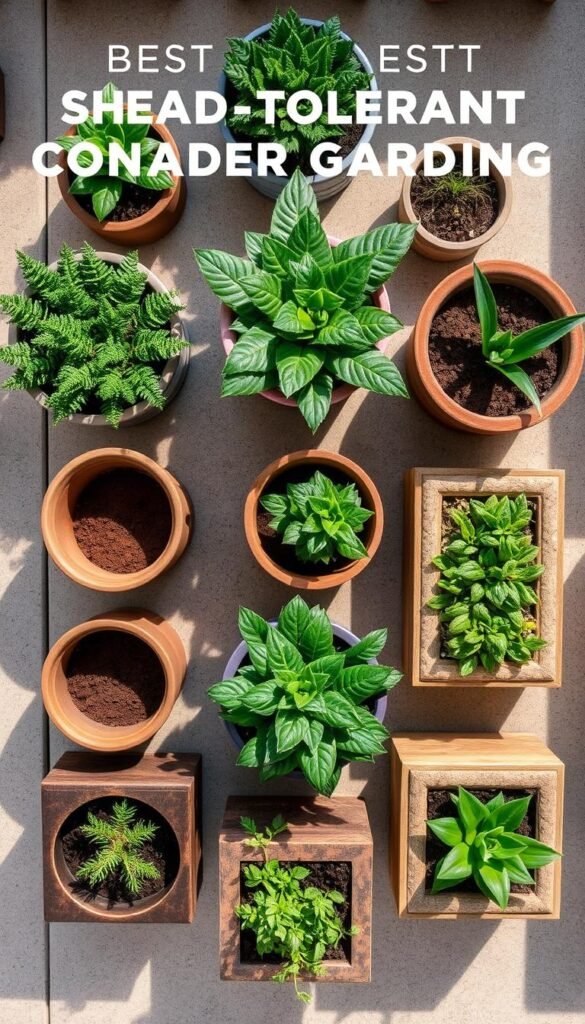 A well-lit, top-down view of a set of various shade-tolerant container gardening solutions, including porous ceramic pots, self-watering planters, and raised garden beds. The containers are arranged in a visually appealing, symmetrical layout, with a variety of textures and earthy tones that complement the lush foliage of the plants within. Subtle shadows and highlights accentuate the three-dimensional forms, conveying a sense of depth and materiality. The overall composition strikes a balance between functional practicality and aesthetic appeal, providing a visually engaging representation of the best container options for shaded garden spaces.