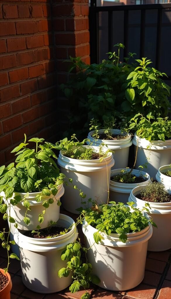 A well-lit urban patio with a set of 5-gallon plastic buckets arranged in a visually appealing layout. The buckets are filled with lush, thriving plants - a variety of leafy greens, herbs, and small vegetables. Trailing vines spill over the edges, creating a sense of abundance. The setup is placed against a backdrop of brick walls or fencing, hinting at the urban environment. Warm, directional lighting casts dramatic shadows, highlighting the texture of the plants and the rustic materials. The overall scene conveys a sense of productivity, sustainability, and the joys of small-space gardening.