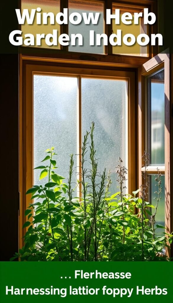 A well-lit window with various types of glass panes, from frosted to clear, showcasing a thriving herb garden inside. Sunlight streams through, casting a warm, natural glow over the lush, verdant foliage. Basil, rosemary, and thyme plants stand tall, their leaves gently swaying. The window's frame is made of weathered wood, adding a rustic charm to the scene. The overall composition evokes a sense of serenity and the harmonious integration of indoor and outdoor elements, perfectly capturing the essence of a "Window Herb Garden Indoor: Harnessing Natural Light for Happy Herbs."