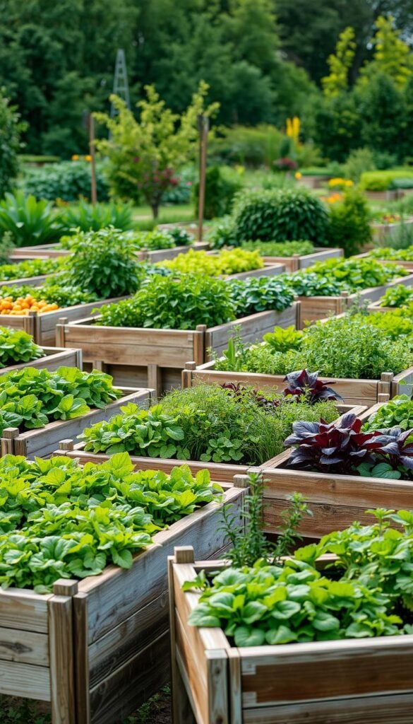 A well-organized array of raised garden beds, neatly arranged with a variety of lush, colorful vegetables and herbs. The beds are constructed with sturdy, weathered wood frames, surrounded by a backdrop of a serene, verdant garden landscape. Soft, diffused natural lighting illuminates the scene, casting gentle shadows and highlighting the vibrant foliage. The beds are elevated to a comfortable working height, allowing for easy access and efficient use of the available space. The overall composition conveys a sense of order, productivity, and a harmonious integration of different elements within a cohesive, visually appealing design.