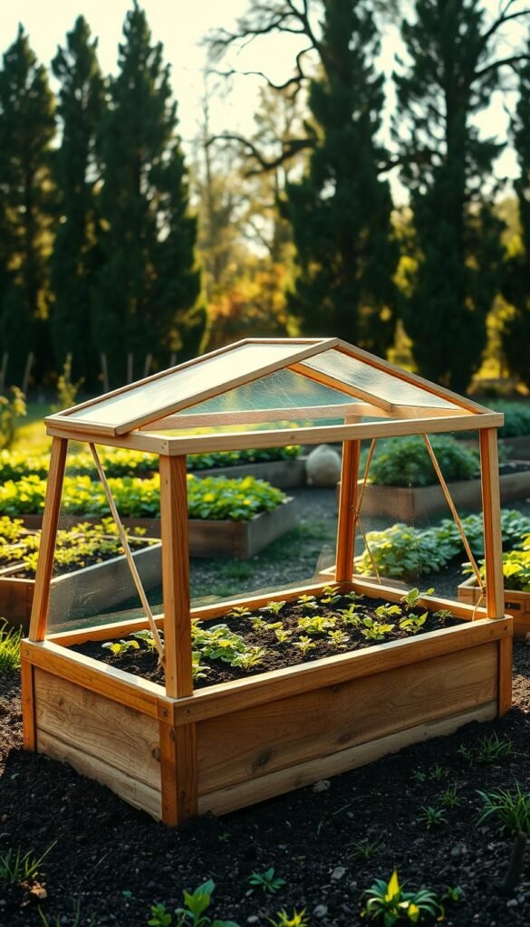 A well-organized cold frame garden setup in a lush, sun-dappled no-dig vegetable plot. In the foreground, a sturdy wooden frame with a clear glass or plastic lid stands open, revealing vibrant seedlings and young plants nestled within the sheltered microclimate. The middle ground showcases the surrounding raised garden beds, filled with rich, dark soil and verdant foliage of various cool-season crops. Towering in the background, a line of sturdy, mature trees casts gentle shadows, creating a tranquil, natural atmosphere. Warm, soft lighting filters through the scene, casting a cozy, inviting glow. The overall composition conveys a sense of productivity, sustainability, and the joys of an extended growing season.