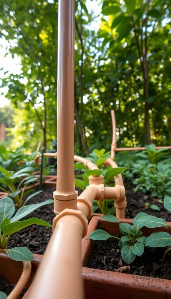 A well-organized garden irrigation system with PVC pipes, neatly installed against a lush, verdant backdrop. The pipes wind through the planter beds, connected by sturdy fittings, creating an efficient watering network. Soft, diffused sunlight filters through the foliage, casting gentle shadows and highlights on the smooth, tan-colored pipes. The scene conveys a sense of order, functionality, and harmony between the manmade components and the natural surroundings. The camera angle provides a close-up, eye-level view, allowing the viewer to appreciate the technical details of the installation. An image that would serve well to illustrate the "Optimal Techniques for Installing PVC and Soaker Hoses" section of the "Creative DIY Watering Solutions for Urban Gardens" article.
