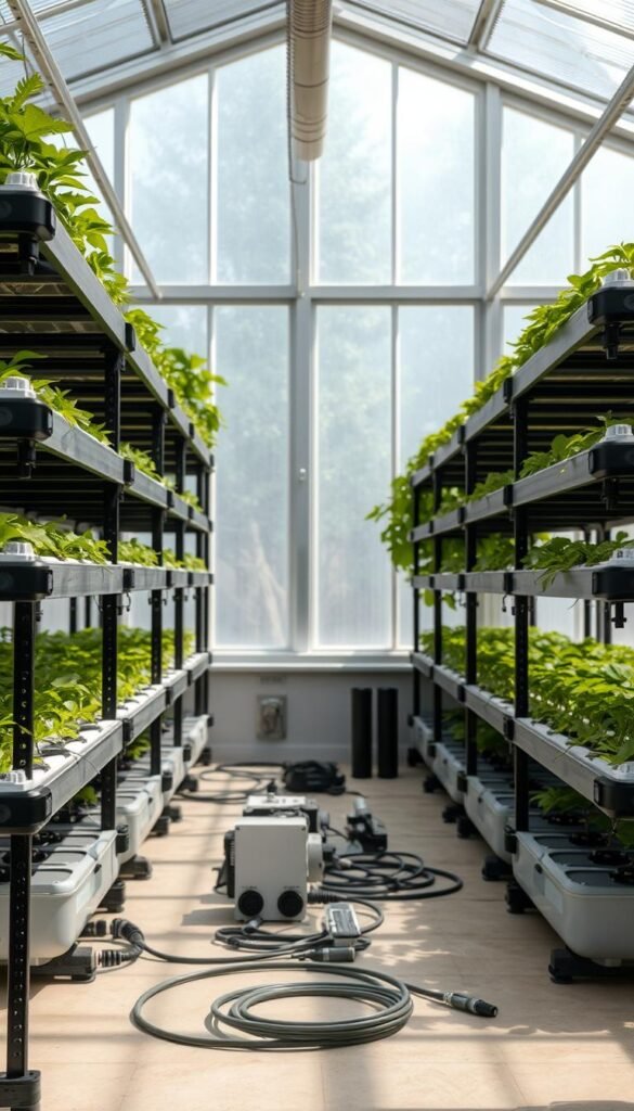 A well-organized hydroponic equipment setup in a bright, airy greenhouse. In the foreground, a sleek, modular grow system with tiered racks, nutrient reservoirs, and high-efficiency LED grow lights. In the middle ground, a selection of hydroponic accessories like air pumps, tubing, and monitoring sensors. The background features large windows allowing natural light to flood the space, creating a serene, plant-focused atmosphere. The overall scene conveys a sense of precision, innovation, and a dedication to sustainable, soil-free gardening. A well-organized hydroponic equipment setup in a bright, airy greenhouse. In the foreground, a sleek, modular grow system with tiered racks, nutrient reservoirs, and high-efficiency LED grow lights. In the middle ground, a selection of hydroponic accessories like air pumps, tubing, and monitoring sensors. The background features large windows allowing natural light to flood the space, creating a serene, plant-focused atmosphere. The overall scene conveys a sense of precision, innovation, and a dedication to sustainable, soil-free gardening.
