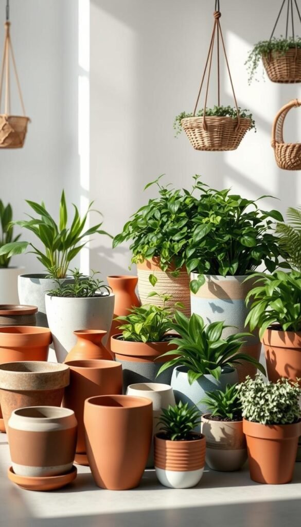A well-organized selection of plant containers in a clean, contemporary setting. The foreground showcases an assortment of stylish pots, planters, and hanging baskets in a variety of materials and shapes - terracotta, ceramic, concrete, and woven designs. Carefully arranged to highlight their unique features and textures. The middle ground features lush, vibrant foliage spilling from the containers, creating a harmonious composition. The background is a minimalist, light-filled space, allowing the containers to take center stage. Warm, directional lighting casts soft shadows, enhancing the three-dimensional qualities of the scene. The overall mood is one of refinement, inspiration, and practical guidance for curating the perfect container garden.