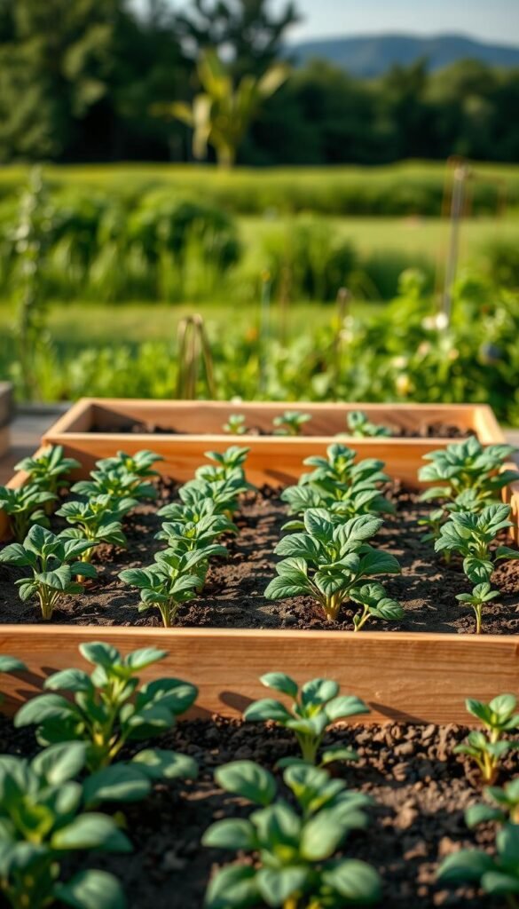 A well-organized square foot garden with clear delineation of plant spacing. Crisp, evenly spaced plants in the foreground, with a wooden raised bed frame in the middle ground. Soft, natural lighting illuminates the scene, casting gentle shadows. The background features a lush, verdant garden setting, blurring into a tranquil horizon. The overall composition conveys a sense of harmony, balance, and the careful planning required for successful square foot gardening.