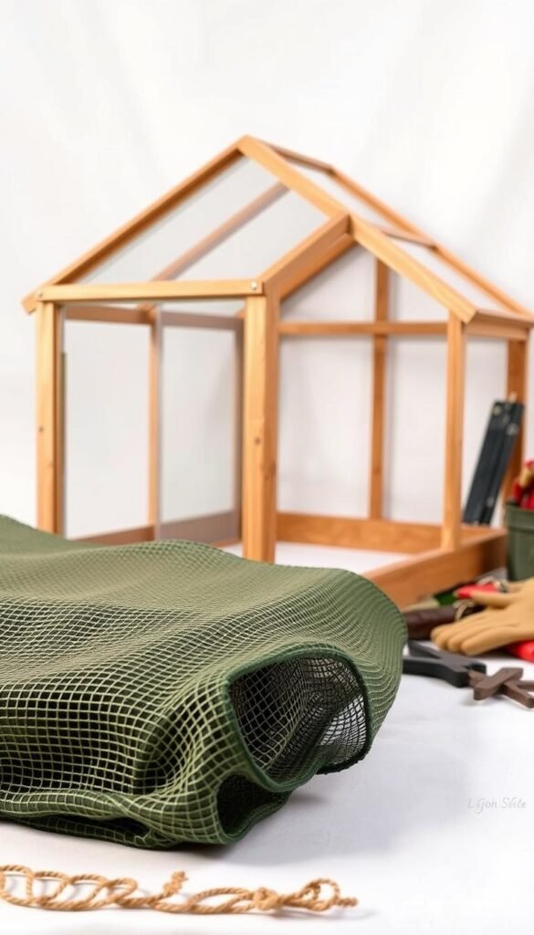 A well-organized still life of cold frame and row cover materials, set against a soft, diffused lighting. In the foreground, a mesh row cover fabric in shades of green and tan, its delicate texture contrasting with the sturdy wooden frame of a cold frame in the middle ground. The cold frame is shown in profile, revealing its angled glass panels that allow for easy access and ventilation. In the background, a selection of garden tools, such as gardening gloves and pruning shears, suggest the practical nature of these season-extending devices. The overall scene conveys a sense of ordered simplicity, highlighting the essential tools for the home gardener.