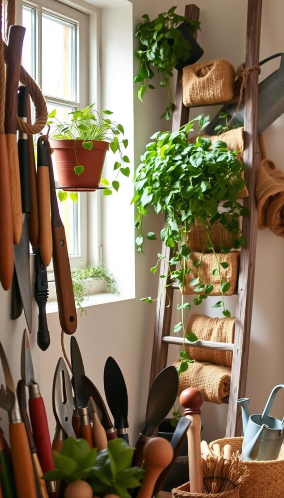 A well-organized vertical garden display featuring an assortment of gardening tools and materials. In the foreground, a variety of hand-held tools such as pruners, trowel, and hand cultivator are neatly arranged. The middle ground showcases a hanging planter system with lush greenery cascading down the wall. In the background, a weathered wooden ladder leans against the wall, adorned with coils of jute rope, burlap sacks, and a watering can. Soft, natural lighting filters through a nearby window, creating a warm, earthy atmosphere. The overall composition emphasizes the essential elements needed to cultivate a thriving vertical garden in a small living space.