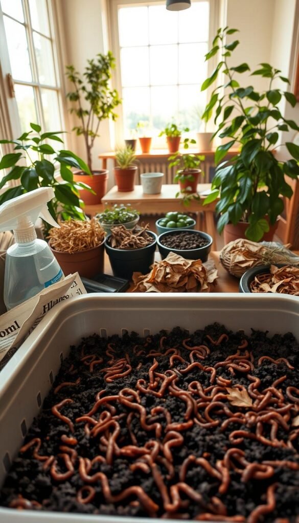 A well-organized worm bin setup in a bright, airy indoor space. In the foreground, a sturdy plastic bin with ample ventilation holes, filled with dark, crumbly compost and a thriving population of wiggly red wiggler worms. Surrounding the bin, an array of essential tools and materials - a spray bottle, a trowel, shredded newspaper, and dried leaves. In the middle ground, lush potted plants and a wooden work surface, adding a touch of natural vibrancy. The background features a large window, allowing ample natural light to filter in and illuminate the scene, creating a serene, nurturing atmosphere for the worm composting process.