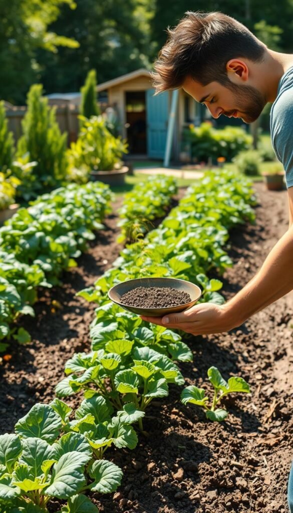A well-tended vegetable garden, sunlight filtering through the lush foliage. In the foreground, a gardener carefully applies organic fertilizer to the soil, using a handheld spreader. The motion is deliberate, the expression focused, as the rich, dark granules are distributed evenly across the beds. In the middle ground, rows of thriving plants stand tall, their leaves vibrant and healthy. The background reveals a shed, tools neatly arranged, and a compost pile, a testament to the gardener's commitment to sustainable practices. The scene exudes a sense of tranquility and purpose, reflecting the care and attention required for successful vegetable cultivation.