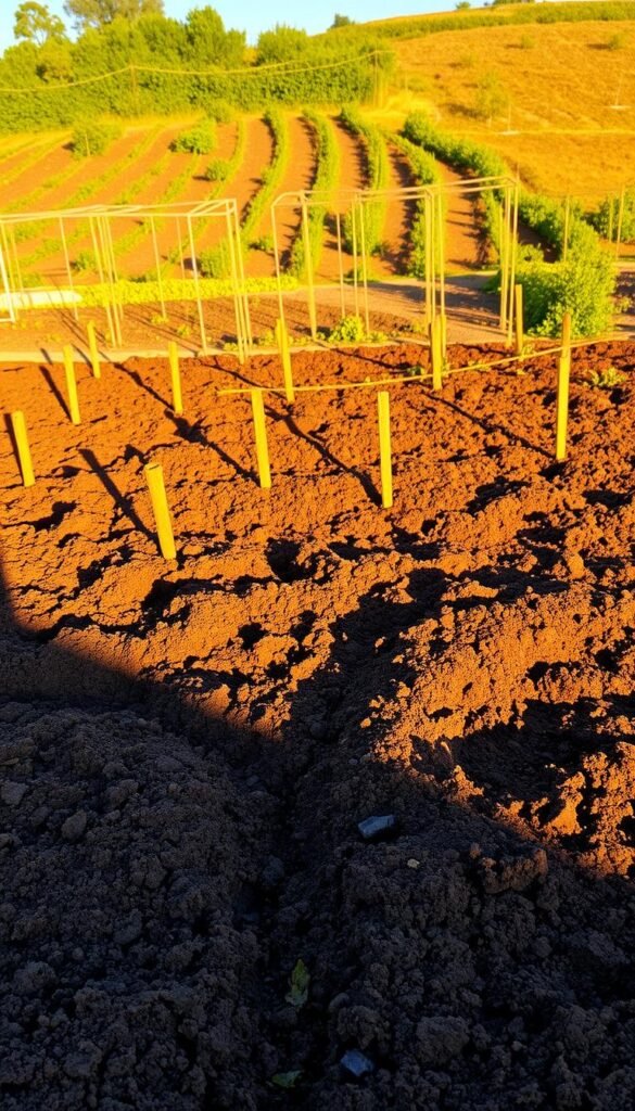 A well-tilled garden bed, rich and crumbly with dark, nutrient-dense soil, bathed in the warm, golden glow of the afternoon sun. In the foreground, a hand-cultivated furrow, ready to receive the first seeds of the season. In the middle ground, neatly arranged rows of trellises and supports, casting playful shadows across the earth. In the background, a gently sloping hill, its slopes dotted with vibrant, verdant foliage, inviting the viewer to imagine the abundance that will soon spring forth from this carefully prepared and positioned plot.