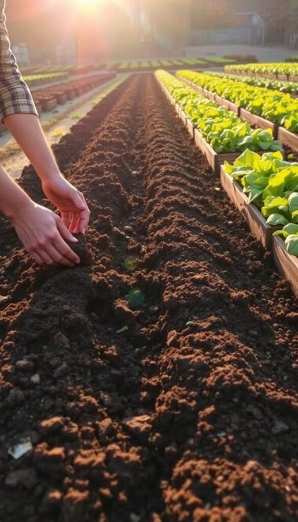 A well-tilled garden bed under a warm autumn sun, the soil rich and dark, ready to receive the seeds of winter crops. In the foreground, a gardener's hands gently turn the earth, mixing in organic matter to enrich the nutrients. Rows of neatly arranged raised beds stretch into the distance, their edges lined with a border of hardy winter greens. The scene is bathed in a soft, golden light, creating a sense of tranquility and anticipation for the bountiful harvest to come.