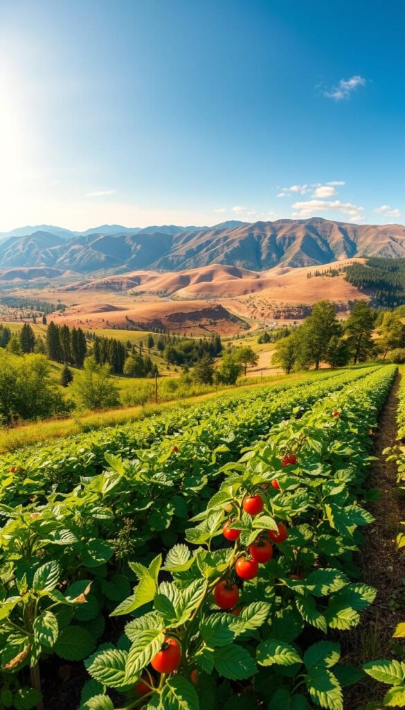 A wide, panoramic landscape depicting the diverse year-round gardening climate zones. In the foreground, a lush, verdant vegetable garden thrives, with rows of leafy greens, vibrant tomato vines, and a bountiful harvest of fresh produce. The middle ground features rolling hills, each with a distinct climate - from the snowy, alpine regions to the arid, desert-like landscapes, and the temperate, deciduous forests in between. The background showcases a stunning array of regional biomes, from tropical rainforests to boreal tundras, all seamlessly blending together to create a comprehensive visual representation of the various gardening environments. The scene is bathed in warm, golden sunlight, highlighting the natural beauty and the potential for year-round cultivation.