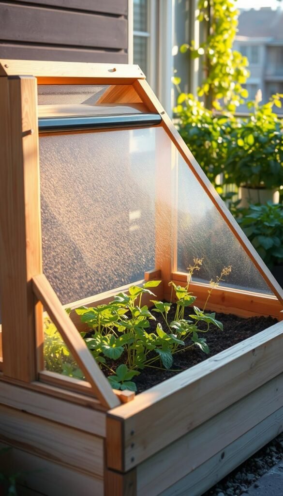 A wooden cold frame, its slanted glass top angled towards the winter sun, resting atop a raised garden bed filled with nutrient-rich soil. Leafy greens and delicate herbs thrive within, protected from the frosty winds by the insulating walls. Warm, golden light filters through the glass, casting a cozy glow over the scene. In the background, a lush, verdant balcony garden frames the cold frame, hinting at the wider context of small-space, year-round growing. Simplicity, functionality, and a touch of rustic charm come together to create this effective, low-cost overwintering setup.