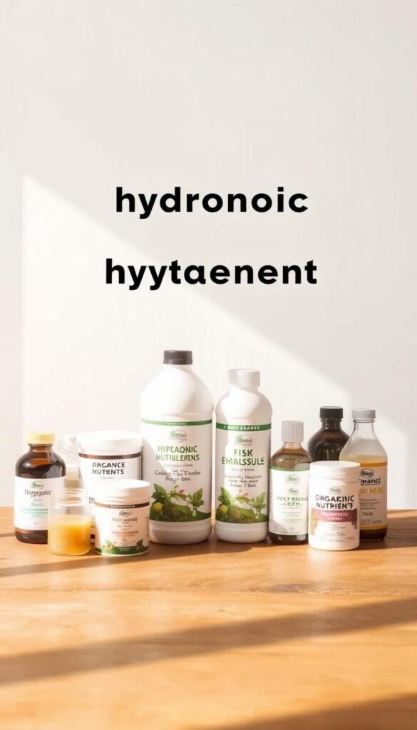 A wooden table against a plain white backdrop, bathed in warm, natural lighting. On the table, various organic hydroponic nutrients are neatly arranged - kelp extracts, fish emulsions, rock phosphate, and other mineral supplements. The focus is on the bottles and containers, their labels prominently displayed, allowing the viewer to clearly see the different options available for eco-friendly hydroponic gardening. The scene conveys a sense of thoughtful consideration, with the nutrients presented as the central subject, emphasizing the importance of carefully selecting the right organic supplements for a thriving hydroponic system.
