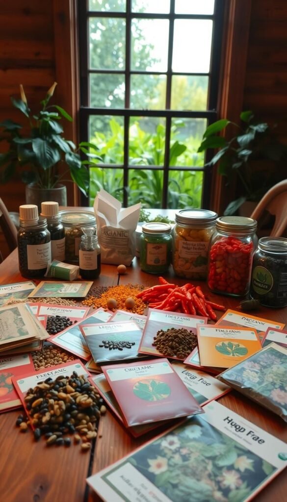 A wooden table with an assortment of organic heirloom vegetable seeds in various colorful packets, jars, and envelopes. The seeds are laid out in a visually appealing arrangement, showcasing their diversity and natural beauty. Warm, soft lighting highlights the textures and patterns of the seeds, creating a cozy, inviting atmosphere. In the background, a lush, verdant garden is visible through a large window, emphasizing the connection between the seeds and their natural origins. The overall composition conveys a sense of care, attention to detail, and the importance of selecting high-quality, sustainable seeds for a thriving organic garden. A wooden table with an assortment of organic heirloom vegetable seeds in various colorful packets, jars, and envelopes. The seeds are laid out in a visually appealing arrangement, showcasing their diversity and natural beauty. Warm, soft lighting highlights the textures and patterns of the seeds, creating a cozy, inviting atmosphere. In the background, a lush, verdant garden is visible through a large window, emphasizing the connection between the seeds and their natural origins. The overall composition conveys a sense of care, attention to detail, and the importance of selecting high-quality, sustainable seeds for a thriving organic garden.