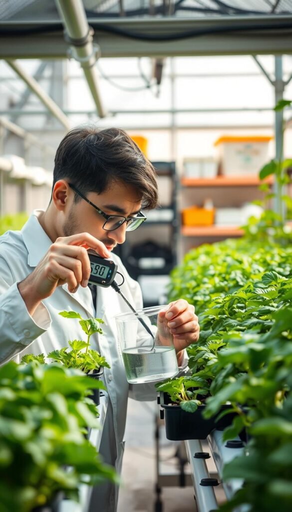 Adjusting hydroponic pH: a technician in a greenhouse meticulously checking the pH of a nutrient solution in a clear container, their face focused as they carefully monitor the display of a digital pH meter. Soft, natural lighting illuminates the scene, highlighting the vibrant green of the surrounding hydroponics system. The background features neatly organized shelves of equipment and supplies, conveying a sense of precision and control. The composition emphasizes the importance of this delicate process, with the technician's hands and the pH meter taking central focus.