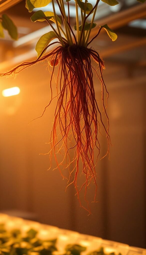 Aeroponic roots misting in a dimly lit, greenhouse-like environment. The roots are suspended in mid-air, delicately shrouded in a fine mist that gently envelops them. Soft, warm lighting illuminates the scene, casting a serene glow and highlighting the intricate, branching structure of the roots. The background is slightly blurred, suggesting a sense of focus on the captivating aeroponic system. The overall composition conveys a sense of wonder and discovery, inviting the viewer to marvel at the innovative and efficient nature of this hydroponic technique.