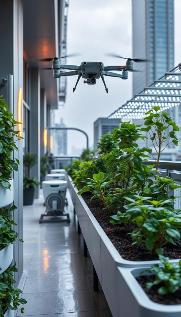 An advanced urban rooftop garden with various smart gardening technologies. In the foreground, a sleek vertical planter system with integrated IoT sensors monitoring soil moisture, nutrient levels, and plant health. Hovering above, a drone-like robotic gardener sprays mist and administers precise amounts of fertilizer. In the middle ground, an automated watering system with smart timers and flow control valves. In the background, a high-efficiency LED grow lights array illuminates the space, blending seamlessly with the modern architectural details. The scene has a serene, futuristic atmosphere, conveying a vision of sustainable, technology-enhanced urban food production.