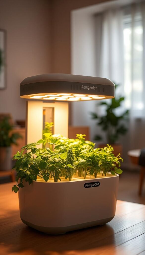 An aesthetically pleasing indoor hydroponic herb garden system, showcasing the Aerogarden brand. The foreground features the Aerogarden unit - a sleek, modern design with a transparent water reservoir, LED grow lights, and an intuitive control panel. The middle ground presents a lush, verdant display of thriving herbs such as basil, parsley, and mint, their leaves glistening under the warm, energy-efficient lighting. The background suggests a cozy, well-lit interior, with a minimalist, nature-inspired decor that complements the Aerogarden's contemporary style. Warm tones, soft shadows, and a sense of tranquility pervade the scene, inviting the viewer to imagine the pleasure of cultivating fresh, flavorful herbs indoors year-round.