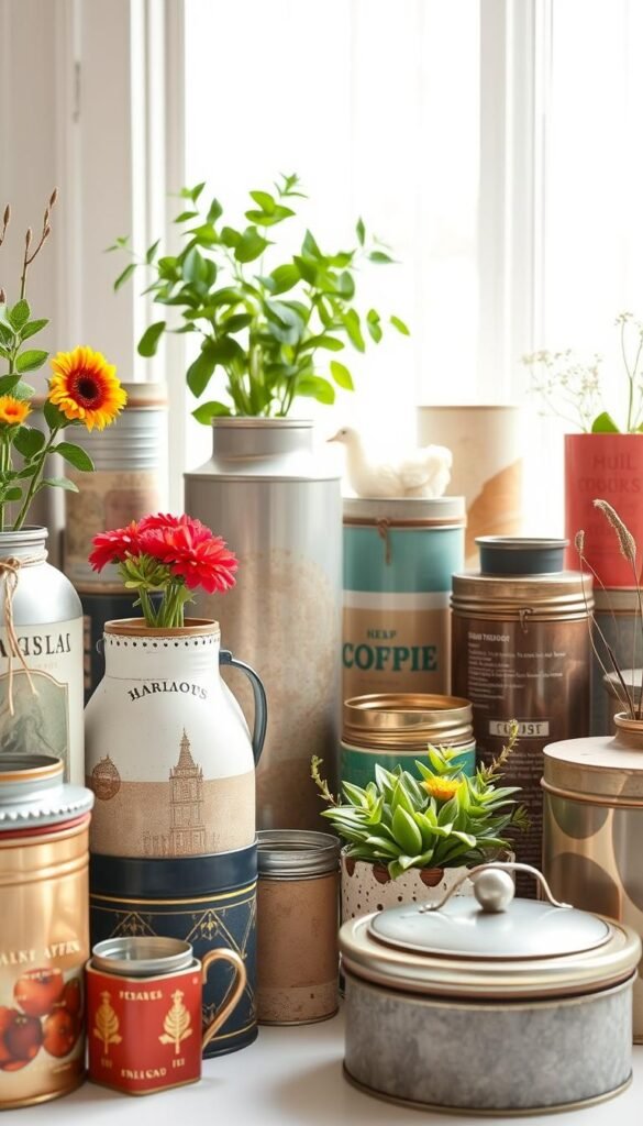 An array of repurposed coffee tins, meticulously crafted into delightful decorative pieces, set against a bright, airy backdrop. The tins, once utilitarian containers, now transformed into vases, planters, and organizers, showcasing a harmonious blend of industrial chic and whimsical charm. Soft, natural lighting filters through the scene, highlighting the textured surfaces and vibrant colors of the upcycled items. A sense of creativity and eco-conscious design permeates the composition, inviting the viewer to explore the myriad of possibilities when it comes to repurposing everyday household items.