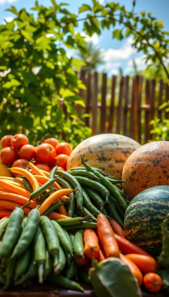 An artful still life showcasing a bountiful summer harvest. In the foreground, heat-tolerant beans and melons in vibrant hues of green, orange, and red, arranged with care. The middle ground features lush, verdant foliage, casting soft, dappled shadows. In the background, a sun-drenched garden scene, with hints of a rustic wooden fence and a cloudless azure sky. The lighting is warm and natural, accentuating the textures and colors of the produce. Captured with a shallow depth of field, drawing the viewer's eye to the central, harmonious composition. An inviting, summery atmosphere, evoking the abundance and resilience of a heat-tolerant vegetable garden.