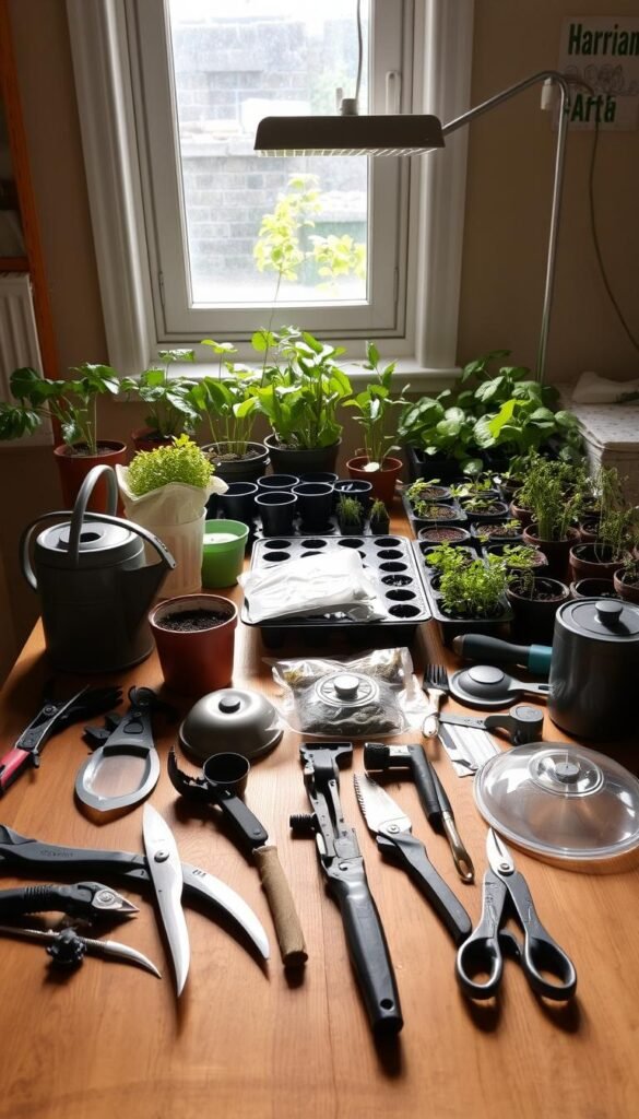 An assortment of indoor gardening tools and supplies laid out on a wooden table, bathed in warm, natural light streaming through a nearby window. In the foreground, various hand tools like pruning shears, trowels, and a watering can are neatly arranged. The middle ground showcases potting mix, seed trays, and propagation domes, while the background features a collection of small potted plants and herbs thriving under a sleek, minimalist grow light. The scene exudes a sense of order, functionality, and the joy of cultivating a thriving indoor oasis.