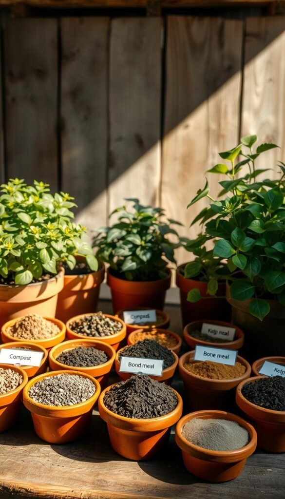 An assortment of organic fertilizer blends displayed in a rustic, earthy setting. In the foreground, several small terracotta pots filled with different fertilizer mixes, each labeled with their key ingredients - compost, bone meal, kelp, blood meal. Warm, natural lighting illuminates the scene, casting soft shadows. In the middle ground, lush foliage of potted plants frames the fertilizer display. The background features a weathered wooden table or surface, complemented by a simple, neutral-toned backdrop, conveying a sense of sustainability and eco-friendly gardening.