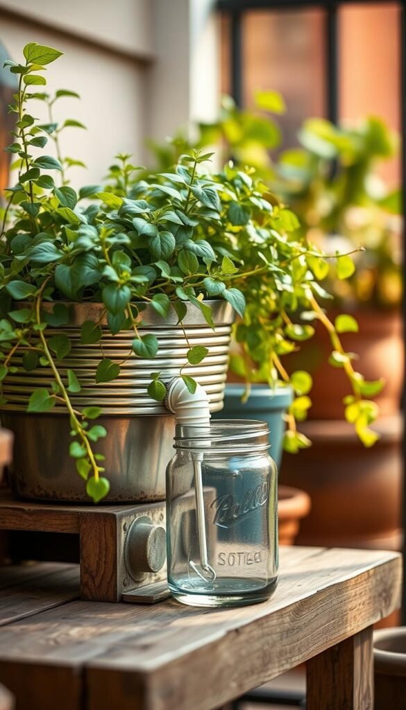An elegantly arranged composition of a functional planter drainage setup, captured with a soft, natural lighting and a shallow depth of field. The foreground features a coffee tin planter resting on a raised platform, with a carefully positioned drainage pipe directing excess water into a reclaimed glass jar. The middle ground showcases lush, verdant foliage cascading over the planter's edges, creating a harmonious, earthy aesthetic. The background subtly blurs into a warm, sun-dappled ambiance, evoking a serene, urban gardening atmosphere. The overall scene conveys a sense of thoughtful, sustainable upcycling, suitable for a balcony or small outdoor space.