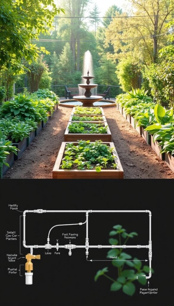 An expansive garden layout plan with a central raised planter bed, surrounded by neatly arranged pathways lined with lush greenery. In the foreground, a detailed schematic of an efficient, DIY drip irrigation system with adjustable valves and hoses. The middle ground showcases a variety of herb and vegetable plants in different stages of growth, bathed in warm, natural sunlight filtering through a canopy of trees. In the background, a tranquil water feature, its soothing sounds complementing the serene, contemplative atmosphere. The overall composition conveys a sense of harmony, functionality, and a passion for sustainable urban gardening.
