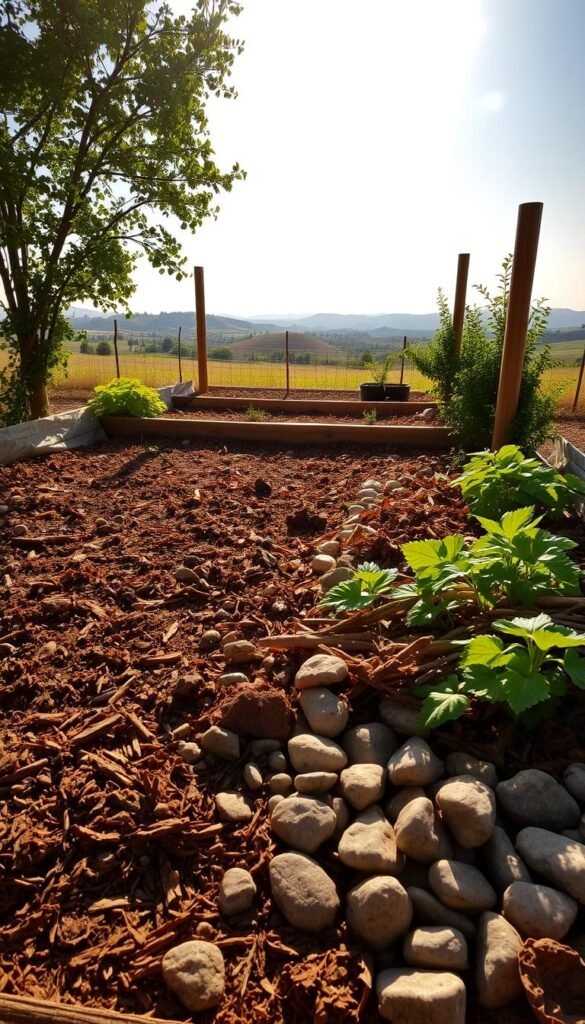 An expansive raised garden bed filled with an assortment of natural materials, bathed in warm, golden sunlight. The foreground showcases a variety of earthy textures, including rich soil, organic mulch, and smooth river rocks. In the middle ground, wooden planks and sturdy corner posts form the sturdy frame, while lush greenery spills over the edges. The background is a tranquil, countryside setting with rolling hills and a cloudless sky, creating a serene and inviting atmosphere for the viewer to imagine cultivating a thriving, low-maintenance garden.