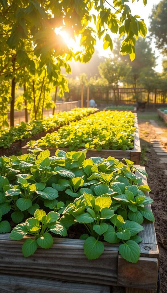 An expansive raised garden bed with lush, verdant plants thriving in nutrient-rich soil, bathed in warm, golden sunlight that filters through a canopy of swaying leaves. The beds are constructed with sturdy, weathered wood, elevating the crops to an optimal height for easy tending. In the foreground, vibrant vegetables and herbs flourish, their leaves glistening with morning dew. The middle ground showcases the bed's efficient drainage and aeration, allowing for optimal root growth. In the background, a well-tended garden path meanders, inviting the viewer to explore the abundant bounty. The scene evokes a sense of abundance, productivity, and the rewarding connection between gardener and land.