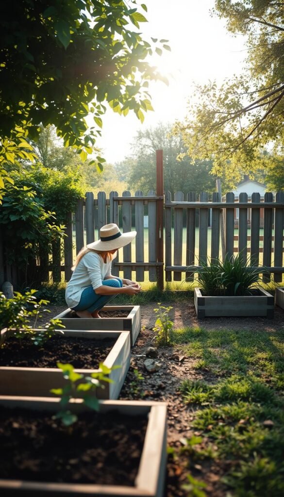 An idyllic backyard scene, early morning sunlight filtering through lush greenery. A woman in a wide-brimmed hat kneels in the garden, carefully examining the soil and plant growth, planning her small-scale fruit orchard. Raised planter beds in the foreground, a weathered fence in the middle ground, and a shade-dappled lawn in the background, all captured with a warm, natural palette and soft focus. The atmosphere conveys a sense of quiet contemplation and attention to detail as she maps out the optimal layout and sun exposure for her bountiful mini-orchard.