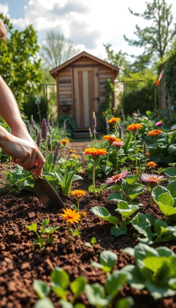 An idyllic square foot garden in late spring, with lush green foliage and blooming flowers. In the foreground, a gardener kneels, tending to the soil with a small trowel, their hands covered in rich, earthy soil. The middle ground features a variety of thriving plants, including pollinator-friendly flowers like lavender, marigolds, and zinnias, as well as leafy vegetables. In the background, a wooden garden shed stands, casting gentle shadows across the scene. Soft, diffused sunlight filters through wispy clouds, creating a warm, welcoming atmosphere. The overall mood is one of tranquility, harmony, and the joyful rhythm of seasonal garden maintenance.