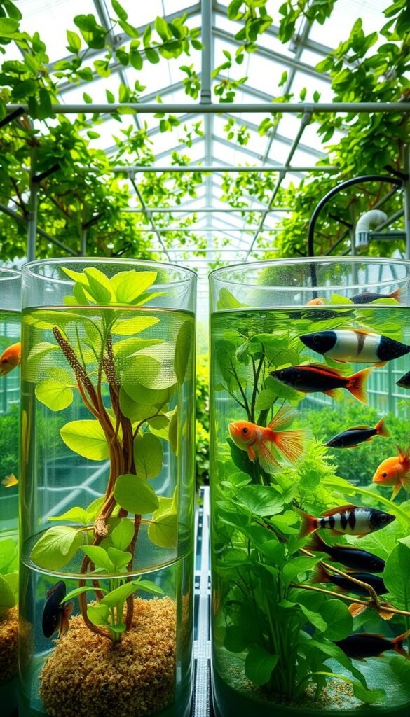 An illuminating side-by-side comparison of aquaponic and hydroponic nutrient systems. In the foreground, crystalline glass tanks showcase the distinct nutrient compositions, one rich in natural minerals, the other in synthetic fertilizers. The middle ground features a lush, thriving hydroponic setup, with vibrant green leafy plants, juxtaposed against an aquaponic ebb and flow system, teeming with diverse aquatic life. In the background, a panoramic view of verdant, sun-dappled greenhouse interiors, highlighting the contrasting water usage and resource efficiency of these two cutting-edge growing methods. Crisp, high-resolution photography, with a clean, well-lit aesthetic that underscores the scientific precision of this visual exploration.